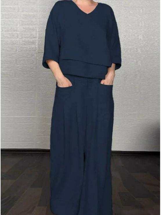 2025 Euro-Amerikanischer Stil Uni Rundhals-Top & Mid-Waist Straight-Leg Hosen Set