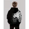 Boys' 3D Printed Hooded Sweatshirt - Black and White Contrasting Pattern Pullover, Long Sleeved Outdoor Sweatshirt