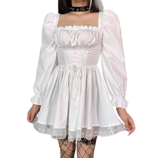 Women Dress Lolita Style Princess Dress Pleated Shirring Square Neck A-line Puff Sleeves Lace Solid Color Cosplay