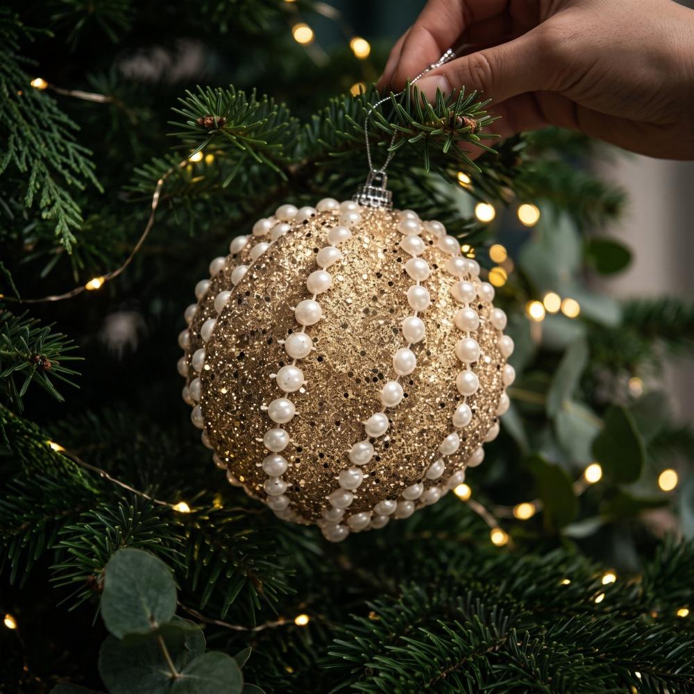 6/8PCS 8CM Sparkling Golden Christmas Balls with Sequins Foam Xmas Spheres Pendant Photo Prop