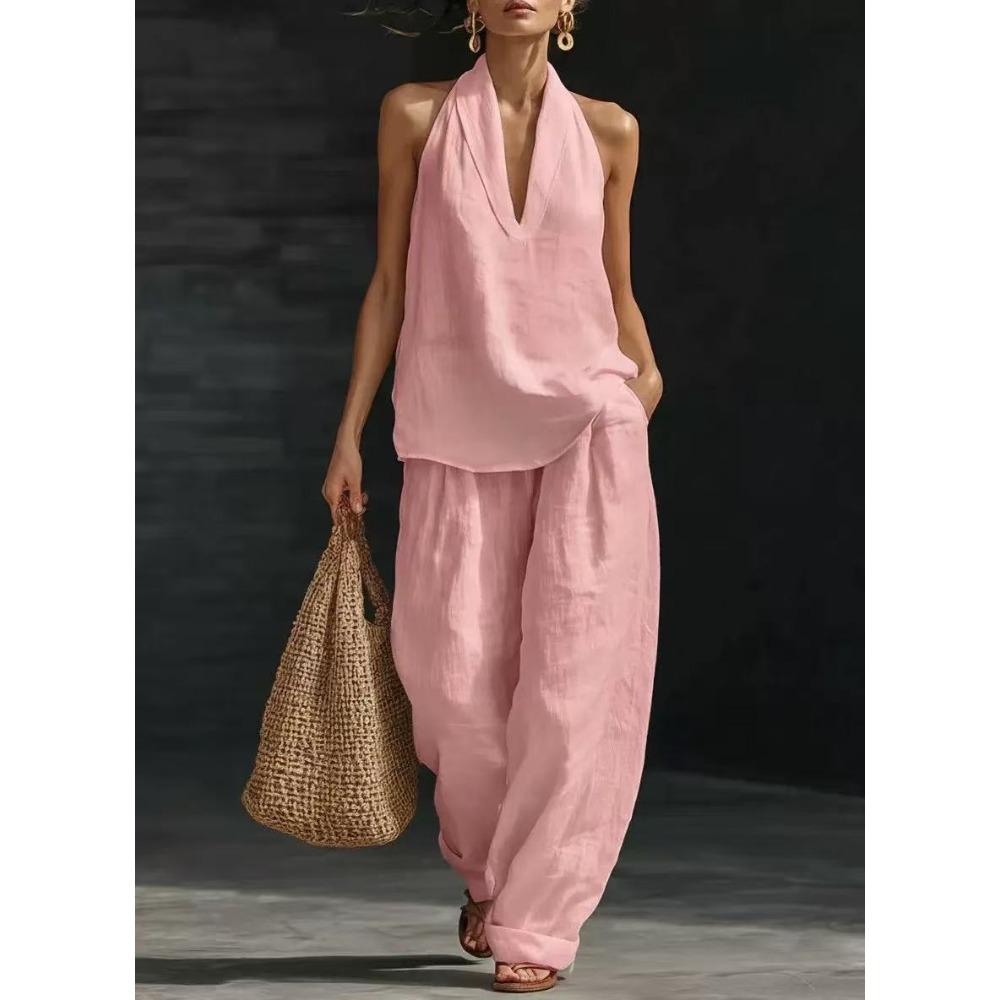 Women's Halter V Neck Loose Fit 2 Piece Outfit Solid Color Sleeveless Top Wide Leg Pants Casual Summer Tracksuit Set