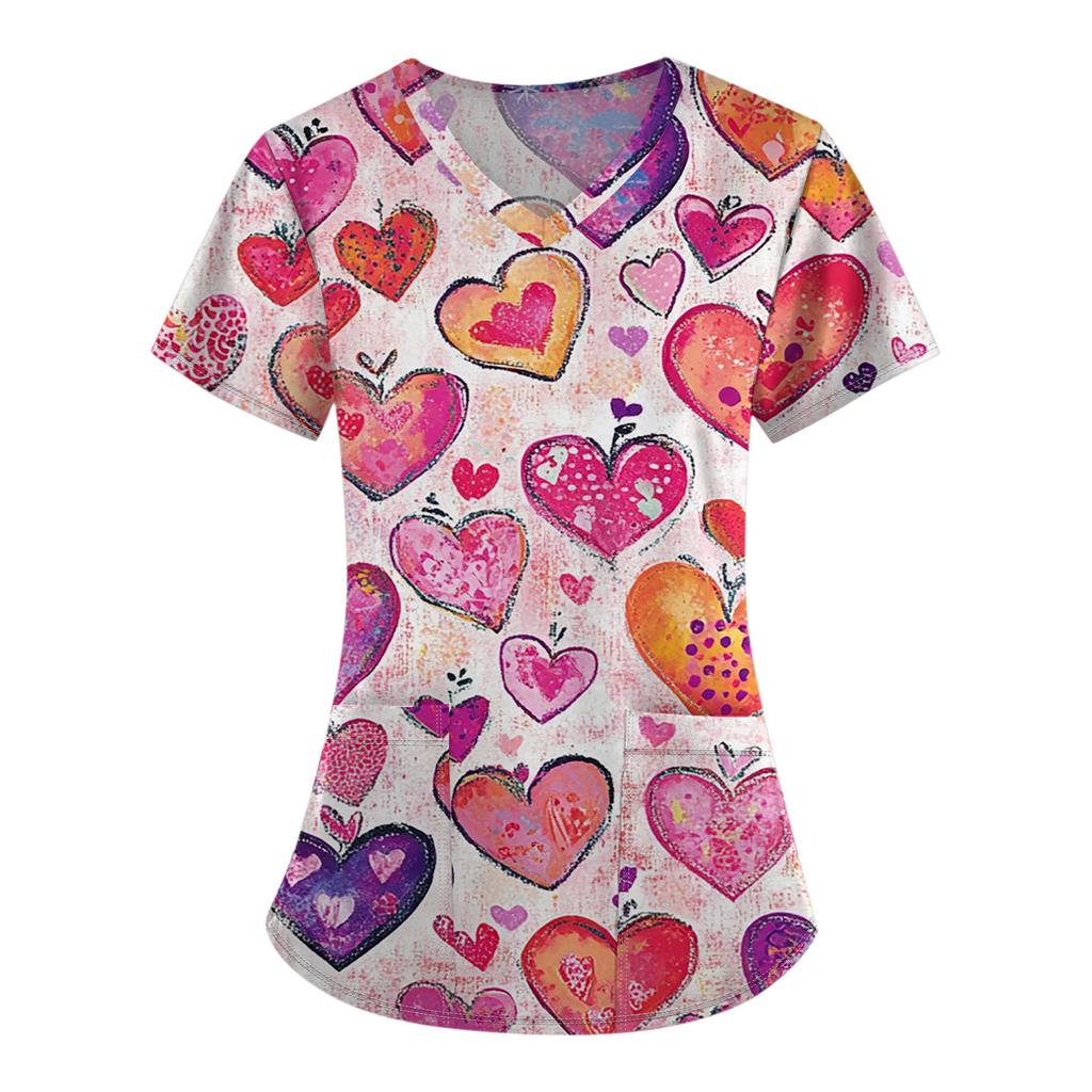Women's Fashion V-Neck Short Sleeve Overalls With Pocket Valentine's Day Printed Tops  Clothes