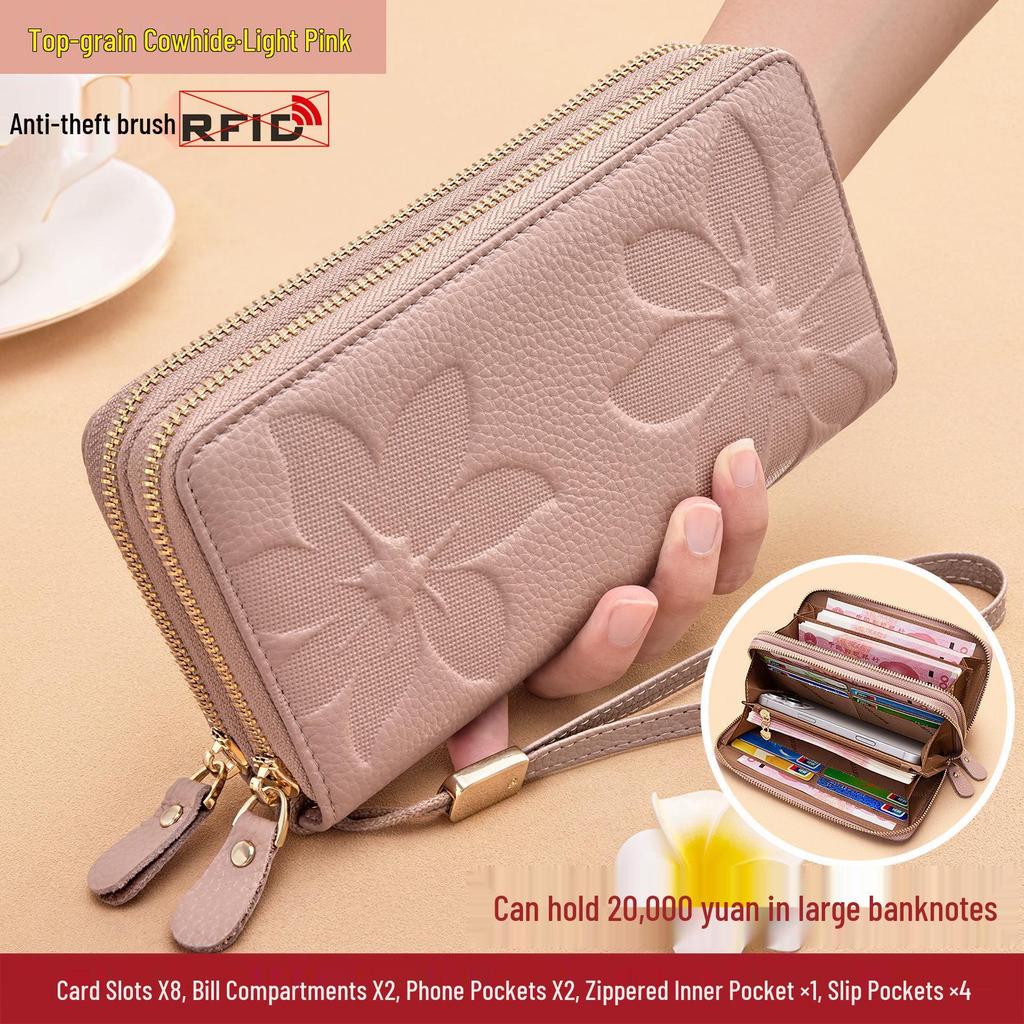 Damen Große Kapazität Rindsleder Litschi-Narben Doppelreißverschluss Clutch Geldbörse