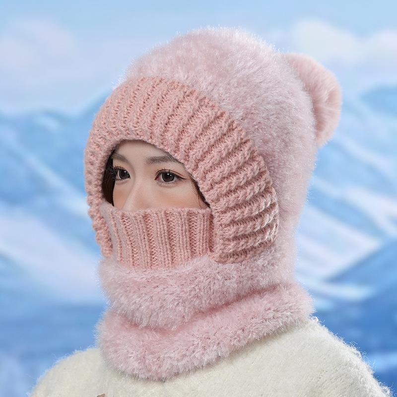 Thickened plush knitted warm hat, scarf, integrated cycling ear protection pullover hat, Northeast ski cold-proof one-piece hat