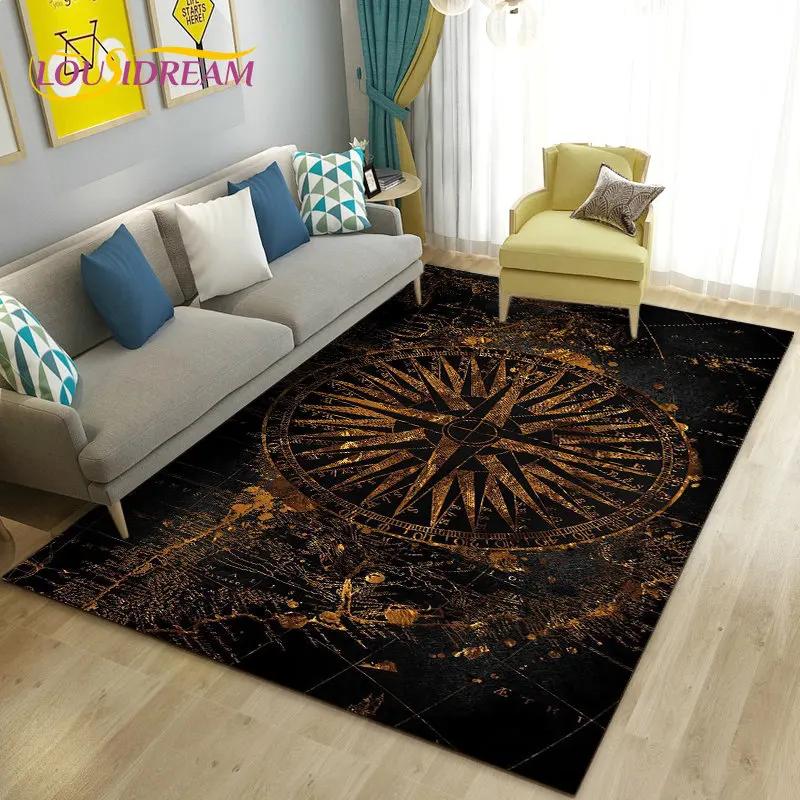 Alfombra retro con diseño de mapa del mundo vintage y brújula, para sala de estar, dormitorio, sofá, decoración, alfombra antideslizante para el suelo