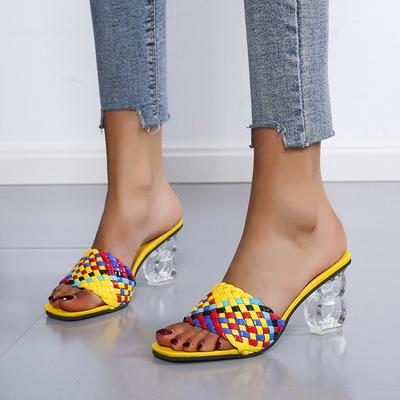 Neue Sommer Farbe Kontrast Gewebt Gürtel Kristall Ferse Sandalen frauen Wort mit Hohen Absätzen Hausschuhe