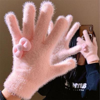 Luvas de Pelúcia Fofas e Doces com Laço Luvas à Prova de Frio Luvas de Inverno Quentes de Cinco Dedos para Estudantes Acessórios de Moda Feminina Presentes de Natal