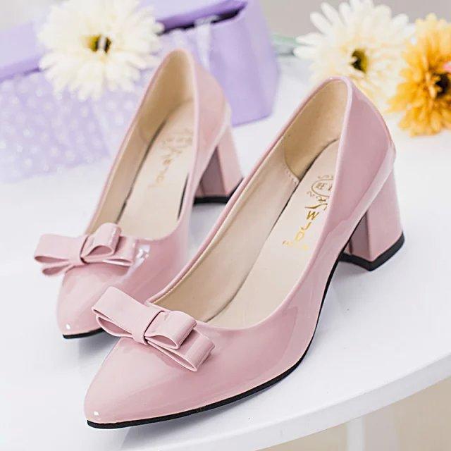 

Autumn new pointed head shallow mouth single shoes thick heel shoes bow women s large and small size women s shoes small leather shoes 33 рожевий