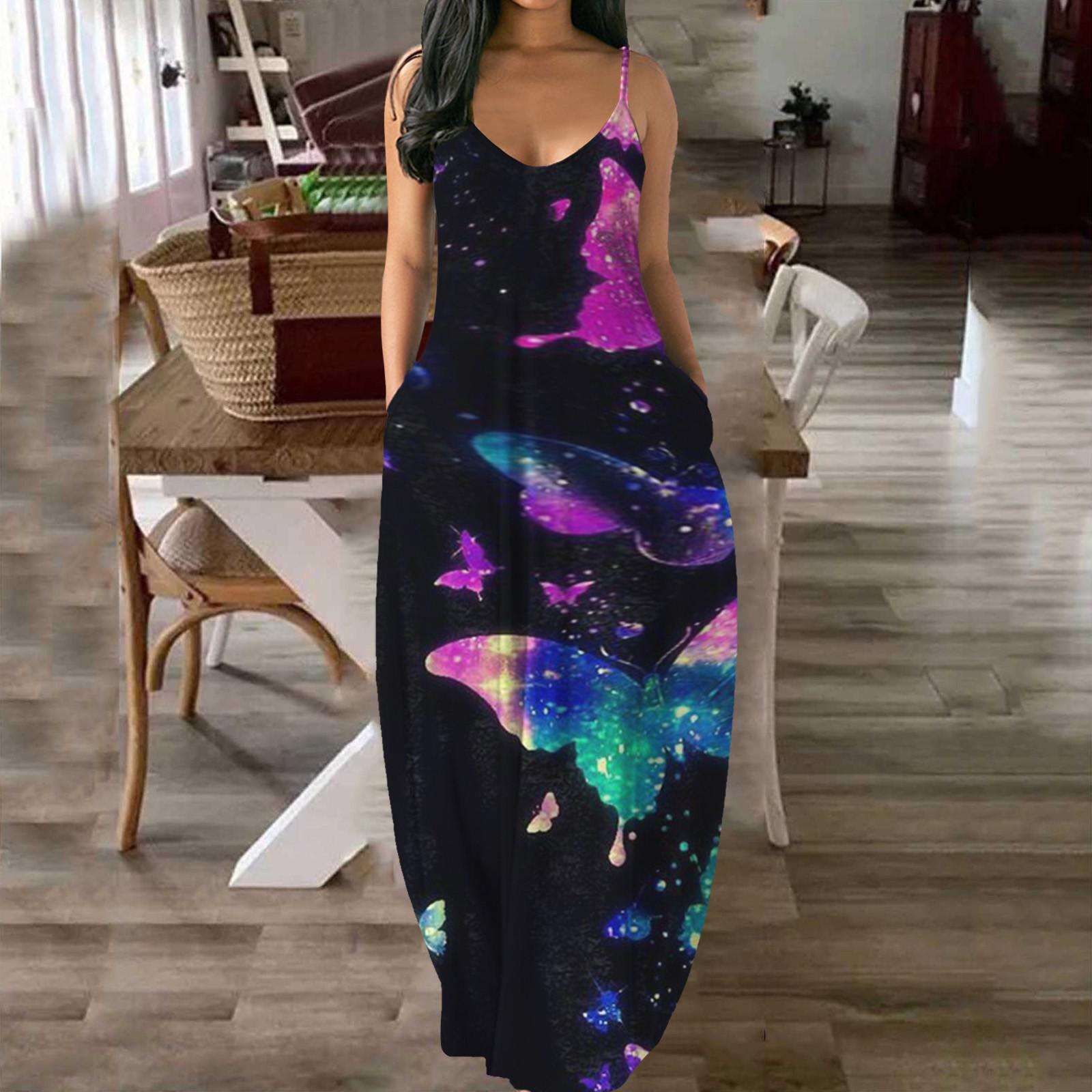 

Folulus Женское повседневное платье макси с принтом, V-образным вырезом, без рукавов, платье-комбинация с карманами