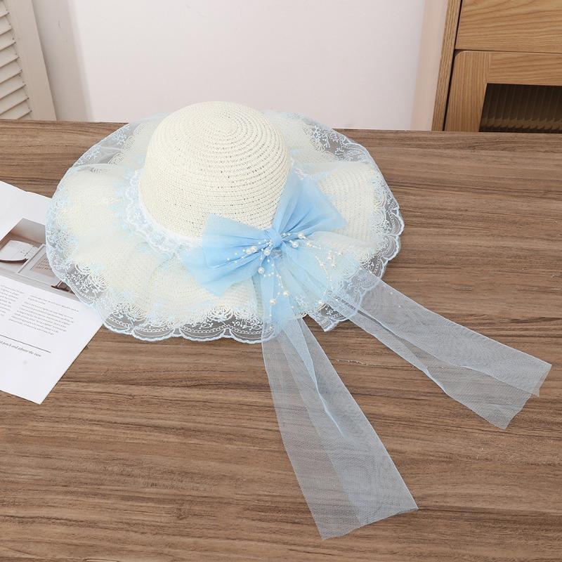 Summer Bow Sun Hat Female, Seaside Beach Vacation Sun Hat Outdoor Big Brim Sun Hat Sweet Straw Hat