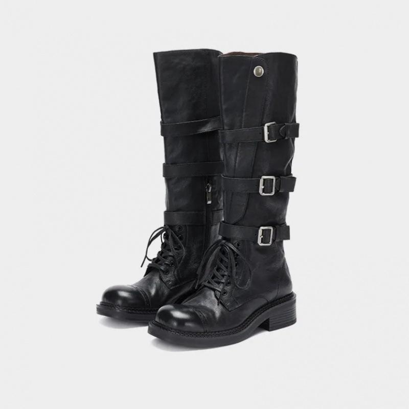 Cowhide Version~ Retro Brown Locomotive Belt Buckle Long Boots Women's Thick-soled Thick-heeled Big Tube Around the Knee Knight Boots