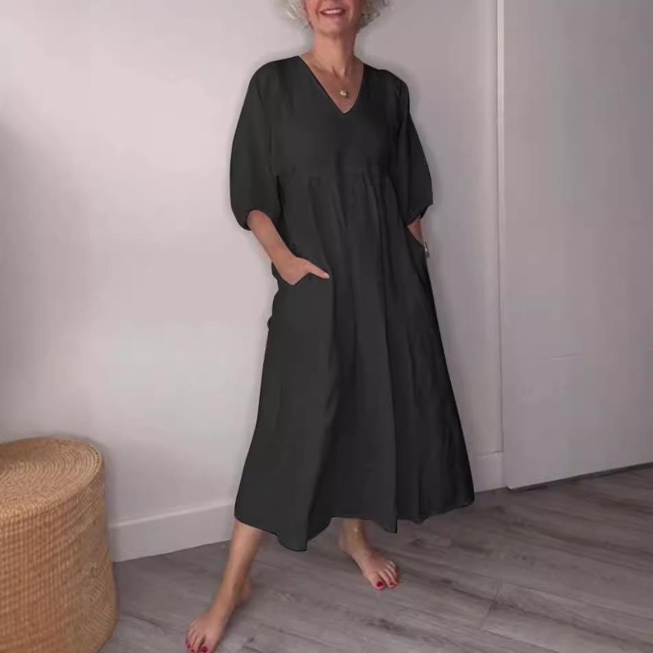 

Европейское и американское осеннее женское хлопково-льняное повседневное платье с глубоким V-образным вырезом, оборками и карманами 3XL чёрный