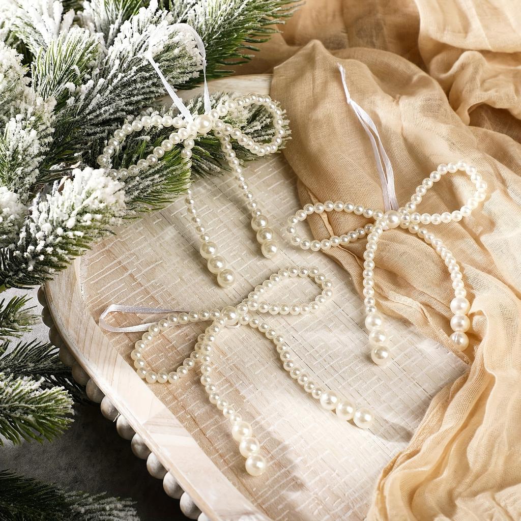 6/12pcs New Hand Woven Imitation Pearl Bow Christmas Decoration Christmas Fringe Pendant Holiday Party Girls Room Decor Supplies