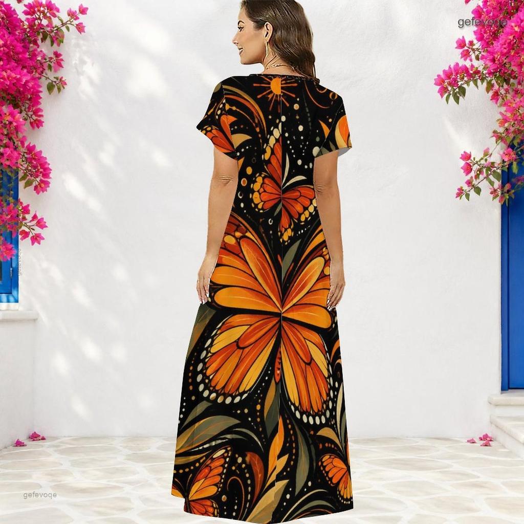 Women Plus Size V Neck Short Sleeve Butterfly Floral Printed Straight Maxi Dress