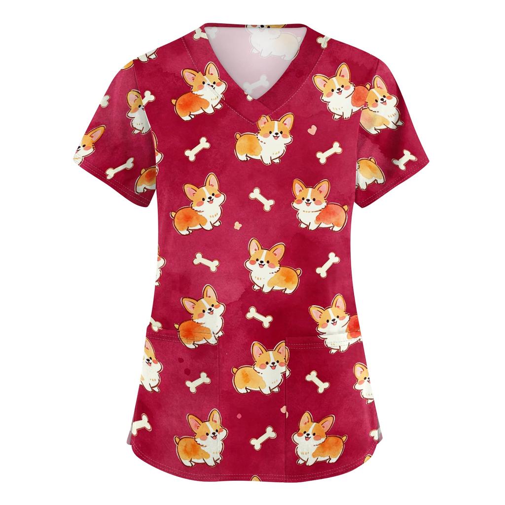 Women's V Neck Short Sleeve Work Top with Pockets Animal Print Professional Uniform Shirt for Healthcare Nursing Staff