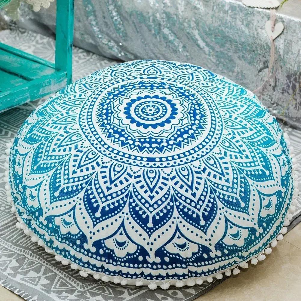 43CM Round Bohemian Mandala Pattern Pillowcase Indian Elephant Printed Cushion Cover Boho Meditation Floor Pillows Case