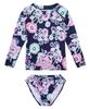 Tropical Plant Print Girls' Long-Sleeved Swimsuit Set with Ruffle Bottoms - Quick-Dry & Sun Protection