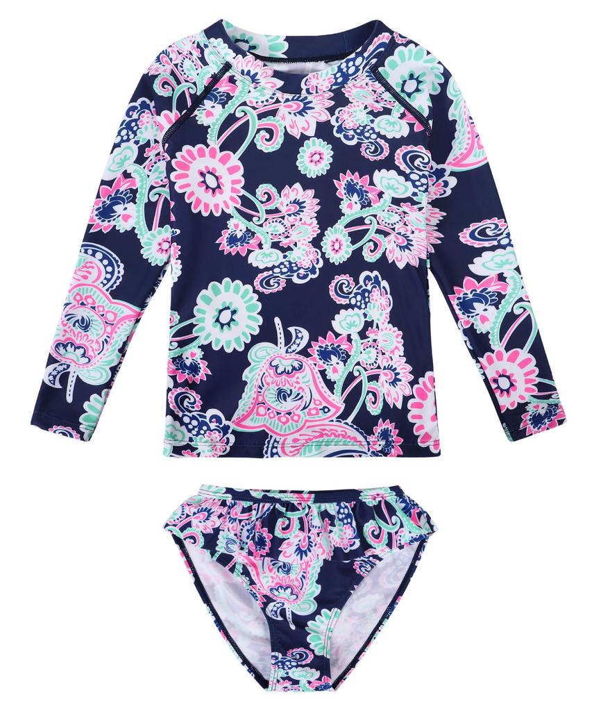 Tropical Plant Print Girls' Long-Sleeved Swimsuit Set with Ruffle Bottoms - Quick-Dry & Sun Protection