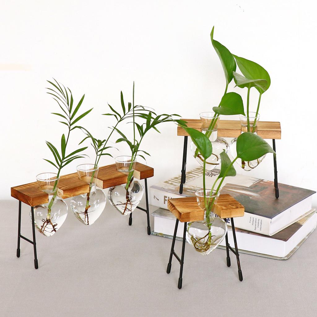 Heart Shape Glass Hydroponic Vase Flower Plant Pot Wooden Tray Desk Decoration