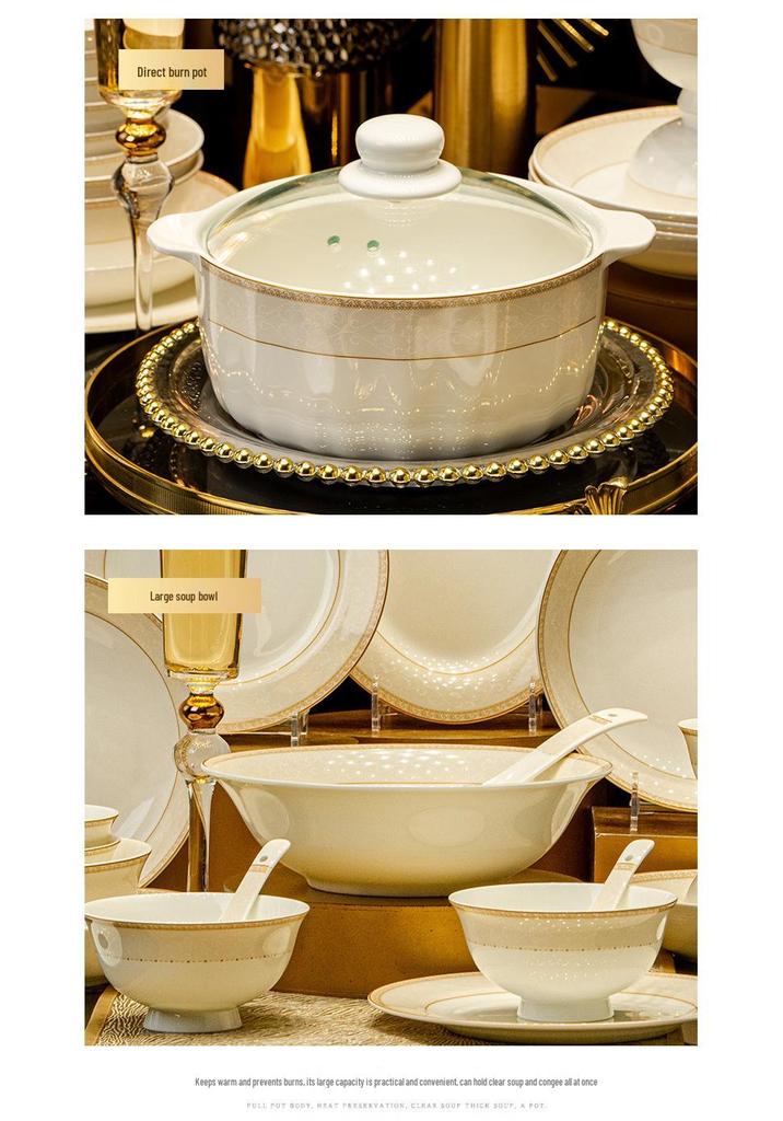 Jingdezhen High-Temperature Ceramic Bowl & Plate Set - Premium Underglaze Color, Chinese Light Luxury Gift with Chopsticks