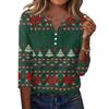 Women's Christmas Print V-Neck Three-Quarter Sleeve T-Shirt with Button Casual Holiday Top