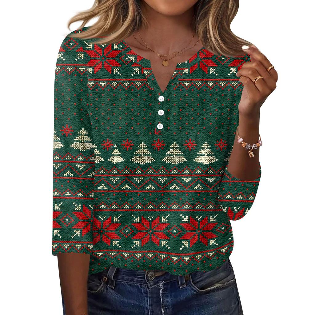 Women's Christmas Print V-Neck Three-Quarter Sleeve T-Shirt with Button Casual Holiday Top