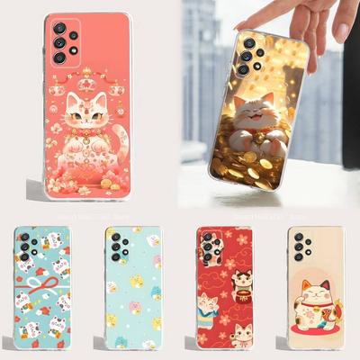 Cartoon Lucky Cat Cute Art Phone Case For Samsung A51,71,30,S21,10,20,Ultra,FE,Lite, S22,23,9,PIus,Transparent, Silicone