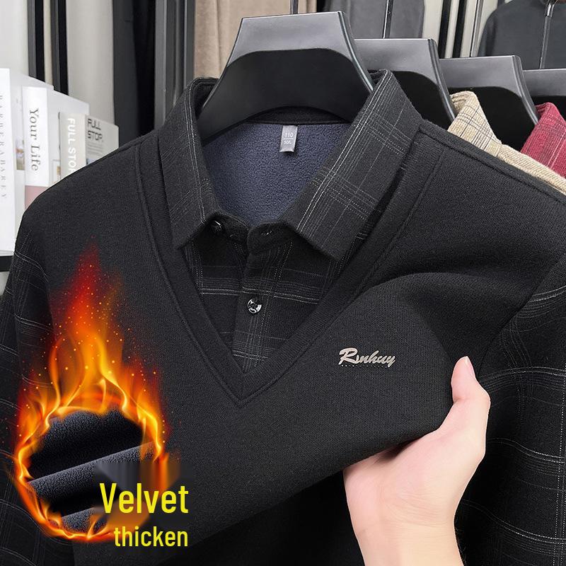 

Men s High-Quality Thickened Polo Shirt with Velvet, Two-Piece Style, Long-Sleeved, Loose Knitwear for Middle-Aged & Elderly - Warm & Comfortable XXXX-Large чорний