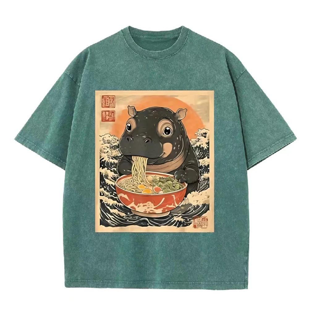 2026 Hippo Eating Ramen Ukiyoe T Shirt Vintage Washed Beige Graphic Tee Unisex Casual Japanese Top