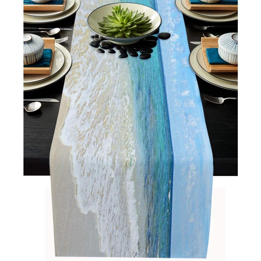 

Синий омбре, летний океан, пляжный сезон, льняная дорожка для стола, украшение для ресторана, вечеринки, 180 см B