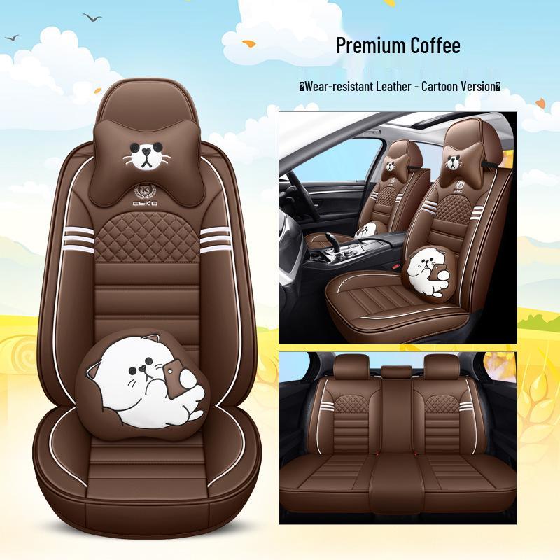 Four Seasons Universal Cartoon Leather Car Seat Cover - Odorless, Full Surround, for Five-Seat Cars.
