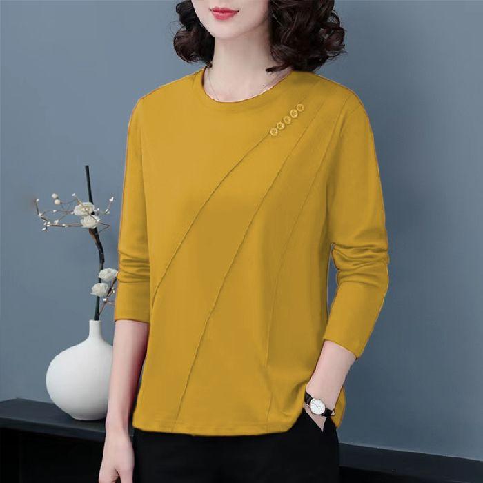 Middle-aged Long-sleeved T-shirt Women's New Autumn Style Slimming Belly-covering Large Size Embroidered Breathable Shirt