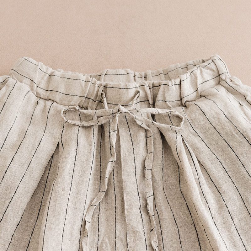 Summer Round Neck Half Sleeve Striped Single Breasted Shirt Sets Elastic Waist Cotton Hemp Pockets Loose Casual Haren Pants Suit