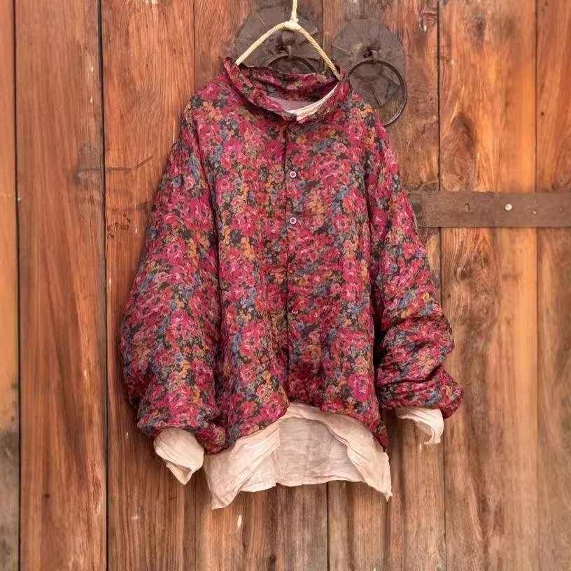 

Johnature Женские винтажные рубашки с цветочным принтом, топы на пуговицах, осенние, в китайском стиле, с отложным воротником, женские блузки One Size