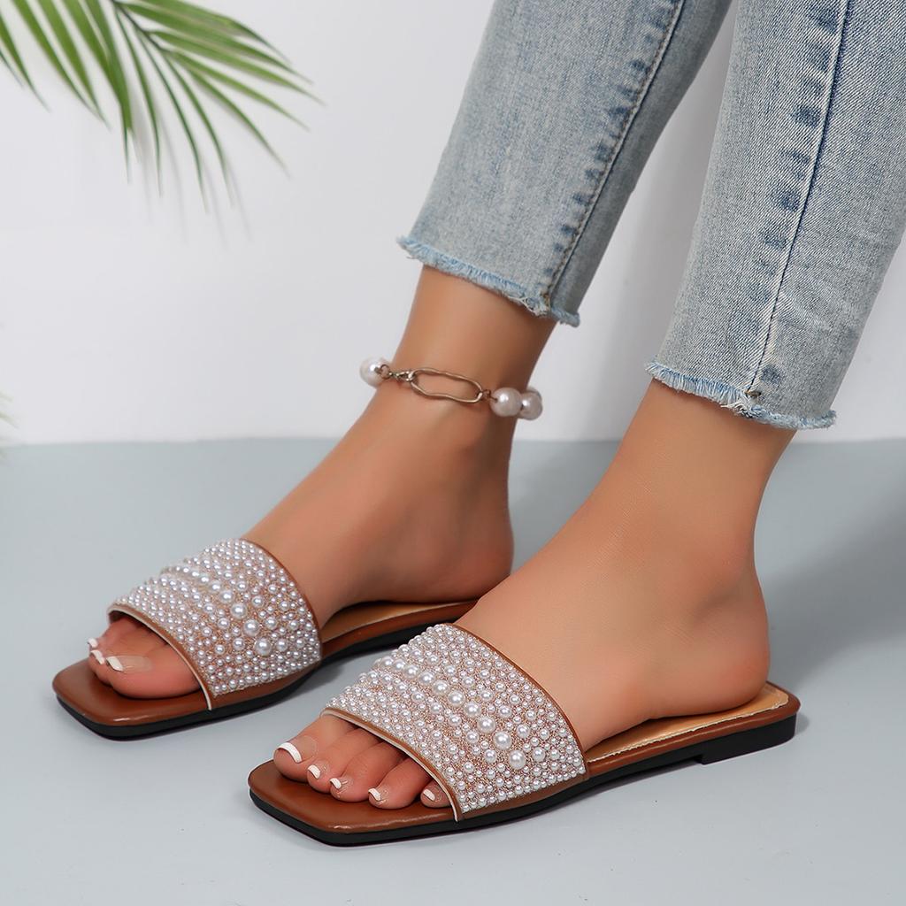 [Foreign Trade] Flat-bottomed Slippers Pearl Rhinestone Outer Wear Square Head Fashionable and Versatile Casual Women's Sandals