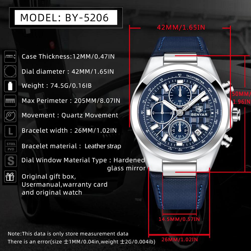 BENYAR5206 Men's Watch: Stylish Leather Strap Quartz Chronograph, 30M Waterproof, Luminous Display