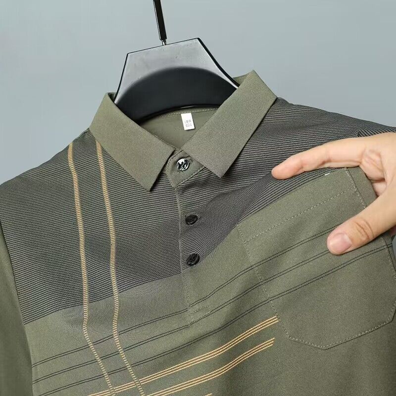 Spring Men Striped Pocket Polo Shirt Casual Business Short Sleeve Top