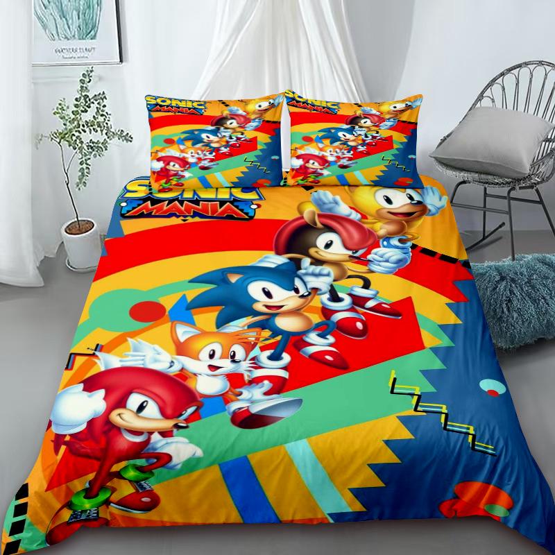 Cartoon Duvet Cover Set , Washable Cotton Bedding – S-Sonic-S The H-Hedgehog Movie Theme Student Bedroom Decor for All Seasons 135x200cm