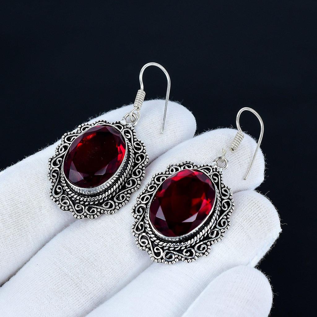 Red Garnet Gemstone Earrings, 925 Sterling Silver Earrings, Handmade Silver Earrings For Gift, Red Garnet Dangle Drop Earrings For New Year Gift