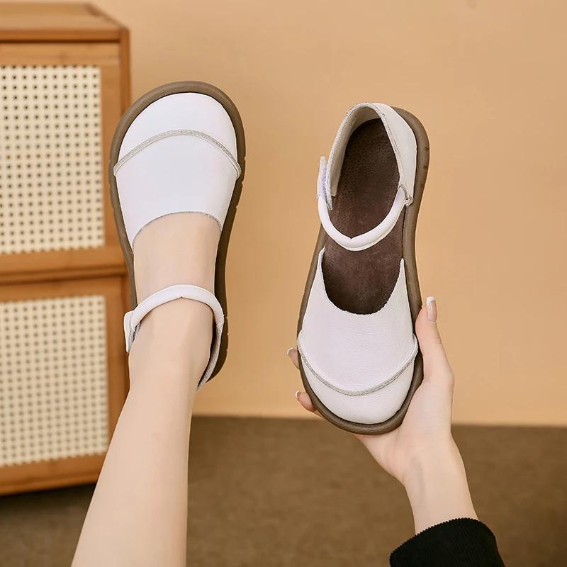 Fashion Retro Handmade brown Leather Flats Sandals 2025 Summer New Casual Versatile Comfortable Soft Sole Women's Shoes