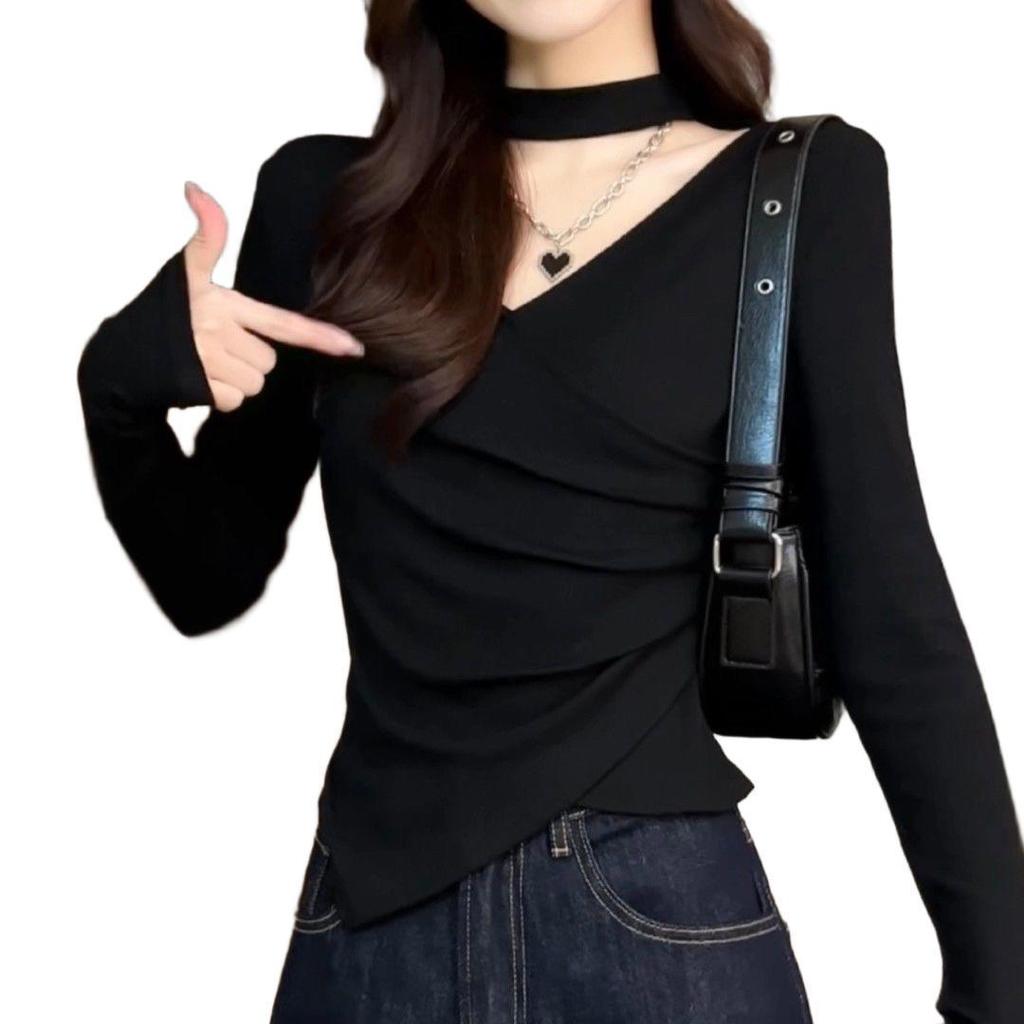 French Irregular V-Neck Halter Long Sleeve Women's Autumn/Winter Slimming Base Shirt