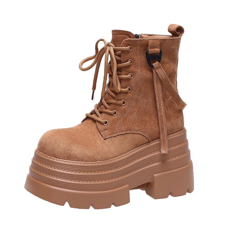 British Martin Boots Women's Autumn and Winter New Single Boots Retro Lace-up Thick-soled Heightening Muffin Thin Short Boots