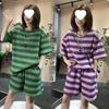 Striped Short-sleeved T-shirt Suit for Women Summer Loose Fashion Plus Size Shorts Two-piece Set