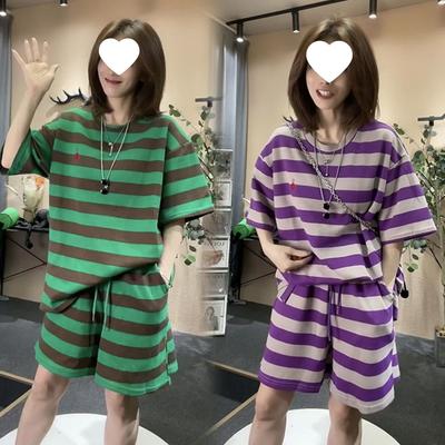 Striped Short-sleeved T-shirt Suit for Women Summer Loose Fashion Plus Size Shorts Two-piece Set