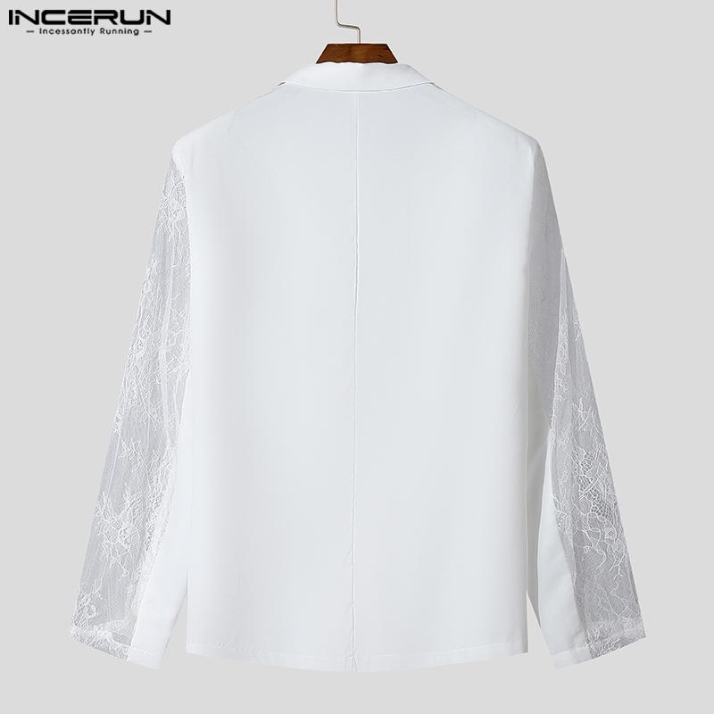 INCERUN Men Lapel Long Sleeve Lace Crochet Patchwork Party Blazer Coats