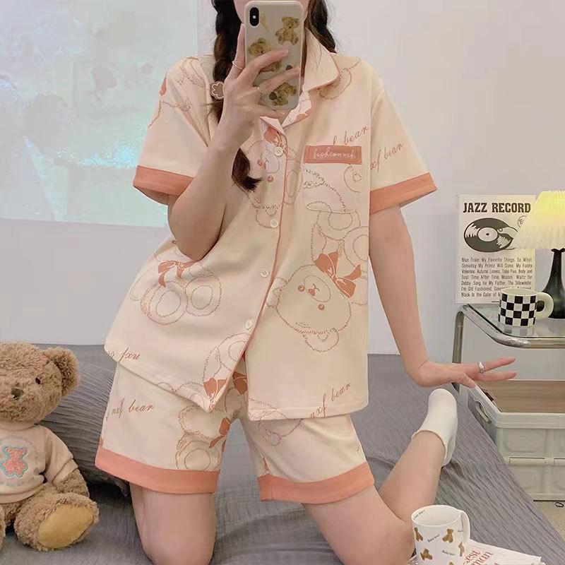 Can Wear Pajamas Women's Summer Cute Cartoon Bear Cotton Short-sleeved Cardigan Loungewear Women's Suit