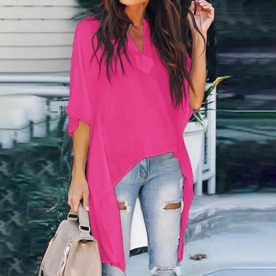 

Шикарный свободный тип пуловер Мягкая ткань Половина рукавов Длинная задняя короткая передняя часть Топы Женская одежда Женские топы