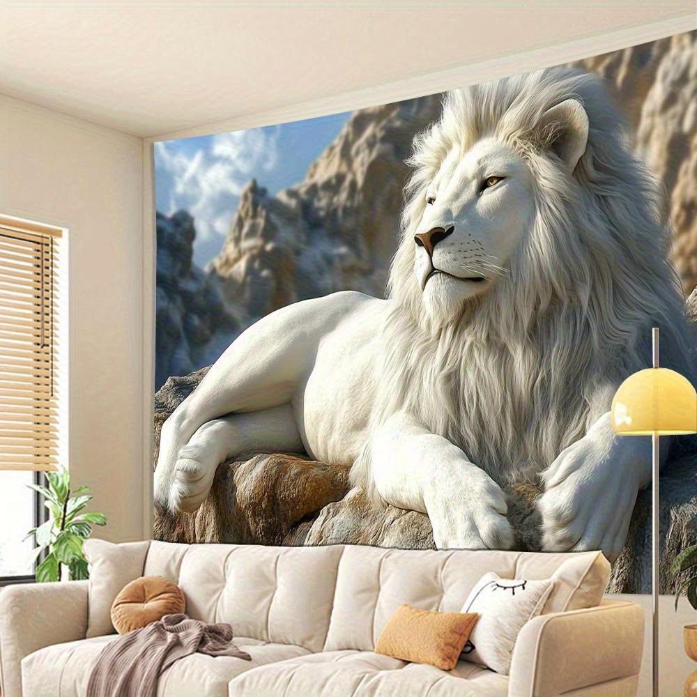 Weißer Löwe Wandteppich, Majestätischer König des Dschungels auf Felsklippe, Realistische Tier-Wandkunst für Wohnzimmer Schlafzimmer Heimdekoration