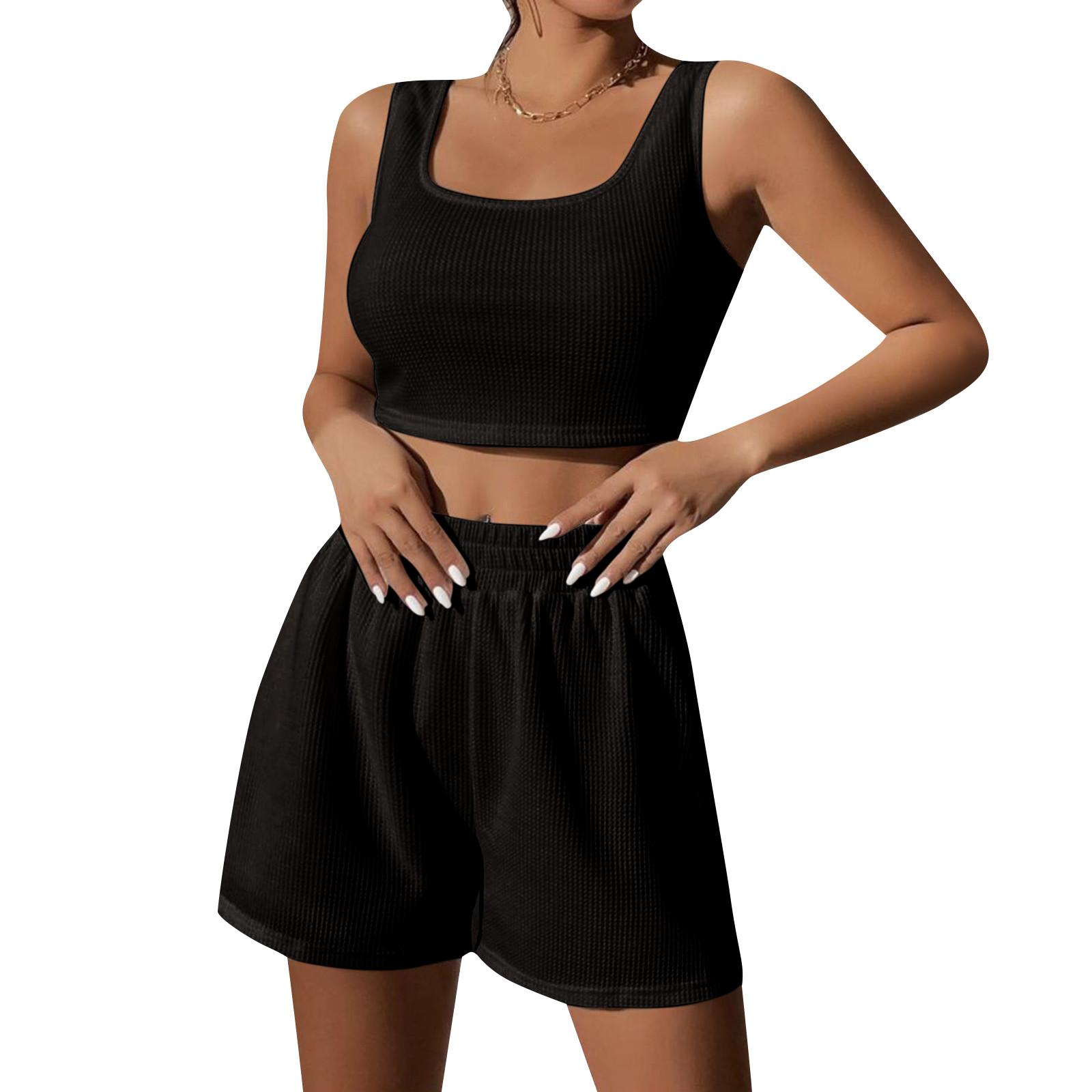 

Women s Knit 2 Pack Sleeveless Cropped Tank Top Shorts Set Casual Summer Streetwear XXL чёрный