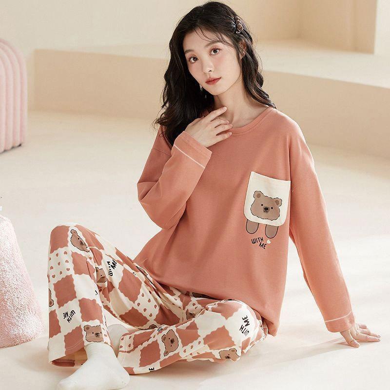 Lente en Herfst Nieuwe Dames Pyjama Huispak Set Meisjes Lange Mouwen Lange Broek Eenvoudig Ontspanning Grote Maat Huispak Set